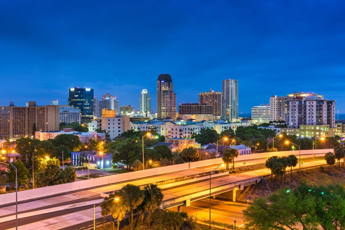 Downtown St. Petersburg skyline with waterfront, condos, and vibrant city life
